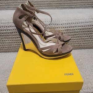 Fendi Beige and Black Wedge Sandals